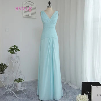 Dangus Mėlynas Pigūs Bridesmaid Dresses Pagal 50-line V-kaklo, Grindų Ilgio Šifono Vestuvės Suknelės