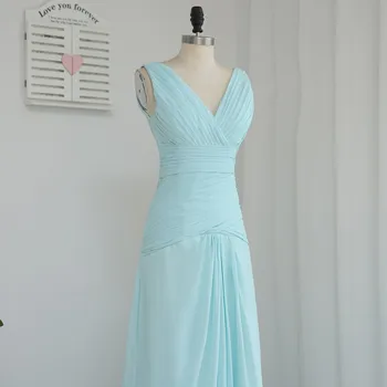 Dangus Mėlynas Pigūs Bridesmaid Dresses Pagal 50-line V-kaklo, Grindų Ilgio Šifono Vestuvės Suknelės