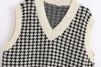 Derliaus Stilingas Houndstooth Pledas Rankovių Megztinis Moterų Mados V-Kaklo Liemenė Trikotažas Elegantiškas Ponios Atsitiktinis Džemperiai