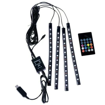 DHBH-4X 12 LED Automobilio Salono Atmosferą Neoninės Šviesos USB Juostelės Muzikos Kontrolės, valdymo ir IR Nuotolinio valdymo