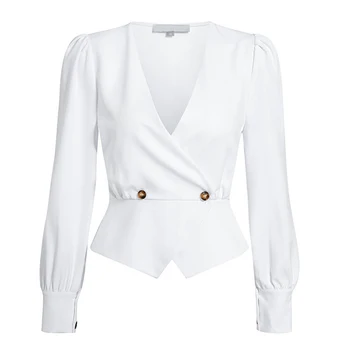 Elegantiškas, Kietas Moterų Palaidinė Marškinėliai Vintage Retro Baltos V Kaklo Moteriškos Palaidinės Sluoksniuotos Atsitiktinis Blusa Mujer