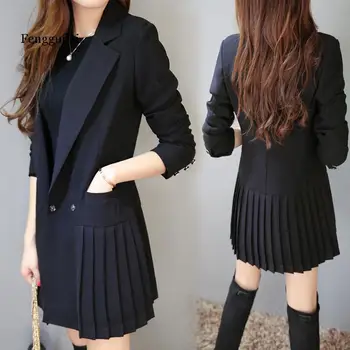 Elegantiškas pasukite žemyn apykaklės juoda oficialią striukė moterims, plisuotos kailis office lady verslo ilgas outwear dėvėti darbo drabužius