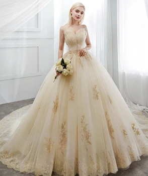 Elegantiškas Šampanas Nėrinių Suknelė 2019 Stebėjimo Princesė Vestuvių Suknelė Vintage Tiulio Boho Vestuvių Suknelė Chalatas de mariee Vestido Novia