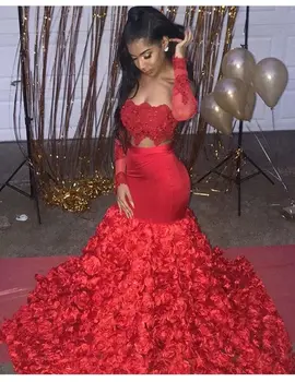 Elegantiškos Juodosios Afrikos Mergaičių Raudona Undinėlės Keltas Suknelės ilgomis Rankovėmis 2019 nuo Peties 3D Gėlės Ilgai Vakare Šalies Chalatai