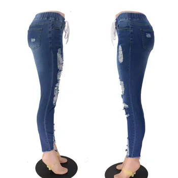 FNOCE 2020 naujas moterų kankina džinsai, kelnės gatvės mados aukštos juosmens skylę tuščiaviduriai iš stora slim stretch denim Kulkšnies Ilgio Kelnės