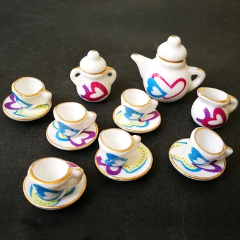 G07-X354 vaikams, kūdikių dovanų Žaislas 1:12 Lėlių mini Baldų Miniatiūriniai rement spalvinga širdies arbatos puodą rinkinys 15vnt/set