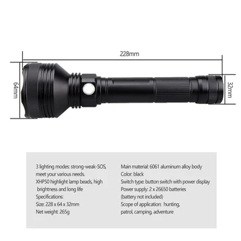 Galingas, Vandeniui LED žibintuvėlį, fakelą 3 režimas Baltos šviesos XHP50 LED taktinis medžioklės žibintuvėlis su specialios baterijos