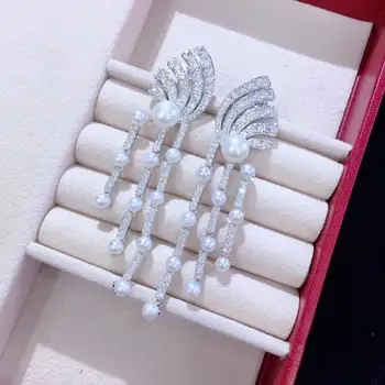 Gamtos gėlo vandens perlų auskarai ilgi auskarai sparno 925 sterlingas sidabro su kubinis cirkonis bauda moterų papuošalai nemokamas pristatymas
