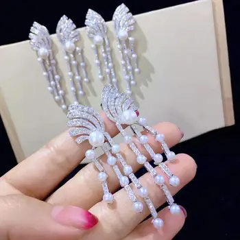 Gamtos gėlo vandens perlų auskarai ilgi auskarai sparno 925 sterlingas sidabro su kubinis cirkonis bauda moterų papuošalai nemokamas pristatymas
