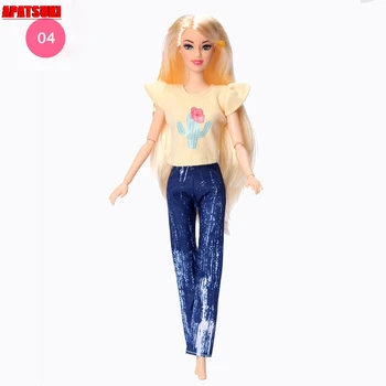 Geltona Gėlė Marškinėliai Topai & Blue Jeans Kelnės Barbie Lėlės Mados Drabužiai, Lėlės, Komplektai, Lėlių Priedai 