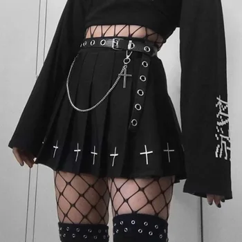 Gotikos Aukšto Juosmens Mini Black Sijonai Moterų Streetwear Kryžiaus Spausdinti Plisuotos Moterų Sijonai Atsitiktinis Kolegijos Lolita Harajuku Sijonas 2020 M.