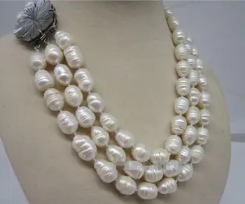 Gražus 3 eilutėje, 12-13mm gamtos pietų jūros balta baroko perlas karoliai 17-19