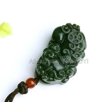 Gražus Gamtos Žalia HeTian Jade Raižyti Kinijos Monetos PiXiu Amuletas Pasisekė Pakabukas + Nemokamas Karoliai Sertifikatą Fine Jewelry