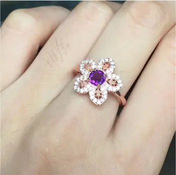 Gėlių Tipas Natūralus ametistas žiedas 925 sterlingas sidabro Nemokamas pristatymas Bauda raudonos kristalų papuošalai Mergina žiedai 6mm Perlas