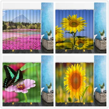 Gėlės, Augalų Dušo Užuolaidos Geltona Saulėgrąžų Pink Gėlių Drugelis 3D Vonios kambarys, Namų Dekoro Vandeniui Poliesterio Audinio Užuolaidos