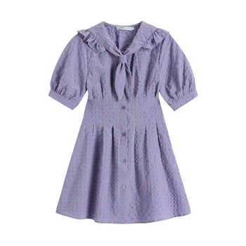 Han edition mokinių violetinė suknelė moteriška vasarą, naujas tinklelis sutrumpinta amžiaus atvartas juosmens kraštų