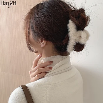 HangZhi 2020 Nauja Madinga Žiemos Minkštas Pliušinis Plaukų Letena Įrašą Didelės Barrettes Stilingas Plaukų Apkaba, skirta Moterų korėjos Plaukų Aksesuarai