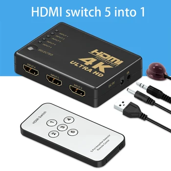HDMI Switcher 5 in 1 Out, Paramos 4K, Full HD 1080P, 3D Infraraudonųjų spindulių Nuotolinio Valdymo pultas, 5 in 1 Switcher