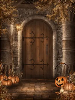 Helovinas vinilo audiniu pilis, medienos durys, moliūgų fotografijos backdrops vaikų šalis foto studija, portreto fonas