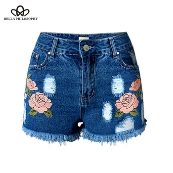 Heydress 2019 naujas vasaros kankina kišenėje gėlių siuvinėjimas moterų šortai Vasarą-atsitiktinis džinsinio šortai derliaus hot light blue navy