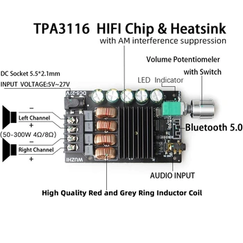 HIFI TPA3116 Bluetooth 5.0 Didelio galingumo Skaitmeninis Stiprintuvas Stereo Valdybos 100W+100W AMP Amplificador o Namų kino Teatro