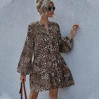 High Street moterų Atsitiktinis palaidų suknelė new2021autumn leopardas spausdinti moterų ilgas rankovėmis marškinėliai cardigan mini suknelė Moterų vestido