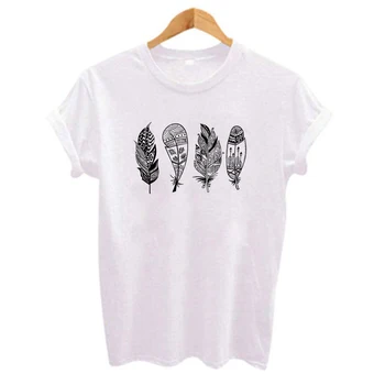 Hillbilly Medvilnės trumpomis Rankovėmis moteriški marškinėliai grafiti Plunksnų Spausdinami T Marškinėliai Ulzzang Mados viršūnes, O-kaklo