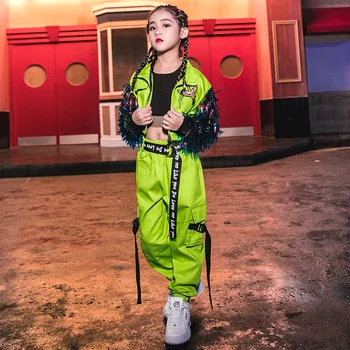 Hip-Hop Šokio Kostiumai Fluorescencinė Žalia Kutas Kailis Merginos Džiazo Drabužiai Vaikams, Gatvės Šokiai Etapo Rezultatus Dėvėti 120-170