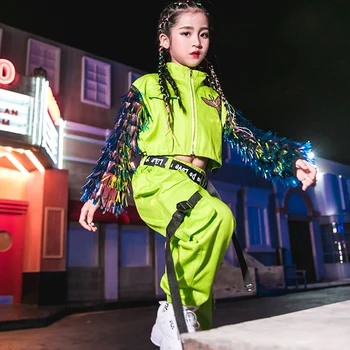 Hip-Hop Šokio Kostiumai Fluorescencinė Žalia Kutas Kailis Merginos Džiazo Drabužiai Vaikams, Gatvės Šokiai Etapo Rezultatus Dėvėti 120-170