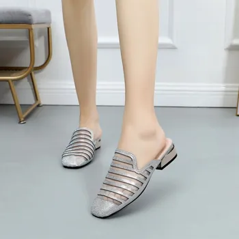 HOVINGECrystal blokuoti šlepetės seksualus mesh bateliai aukso stambusis dizaineris sandalai moterims prabanga 2019 diamond mulų bling nuotakos atostogų