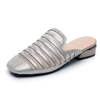 HOVINGECrystal blokuoti šlepetės seksualus mesh bateliai aukso stambusis dizaineris sandalai moterims prabanga 2019 diamond mulų bling nuotakos atostogų