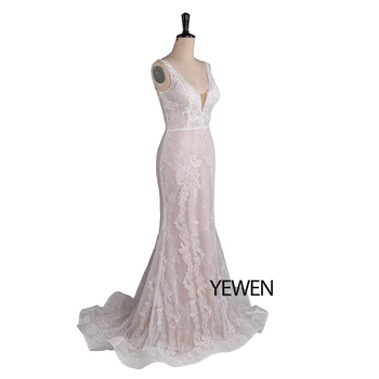 Iliuzija Dramblio kaulo V-kaklo, nėriniai vestuvių suknelės 2020 undinė Liemenė, Siuvinėta Trimitas vestuvių suknelės