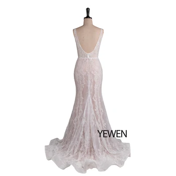 Iliuzija Dramblio kaulo V-kaklo, nėriniai vestuvių suknelės 2020 undinė Liemenė, Siuvinėta Trimitas vestuvių suknelės