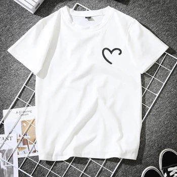 Juokinga Širdies Print T-Shirt Moterims, Juoda Balta Moterų Mėgėjams Porų BFF Medvilnės Marškinėlius Naujovė Tee Marškinėliai Femme Harajuku Streetwear