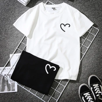 Juokinga Širdies Print T-Shirt Moterims, Juoda Balta Moterų Mėgėjams Porų BFF Medvilnės Marškinėlius Naujovė Tee Marškinėliai Femme Harajuku Streetwear