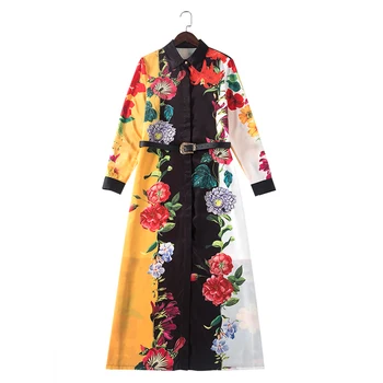 Karšto Pardavimo Kratinys Gėlių Spausdinti Moterų Suknelė Ilgomis Rankovėmis Turn-Žemyn Apykaklės Suknelės Su Diržu M3908