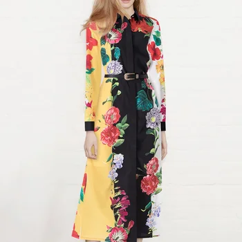 Karšto Pardavimo Kratinys Gėlių Spausdinti Moterų Suknelė Ilgomis Rankovėmis Turn-Žemyn Apykaklės Suknelės Su Diržu M3908