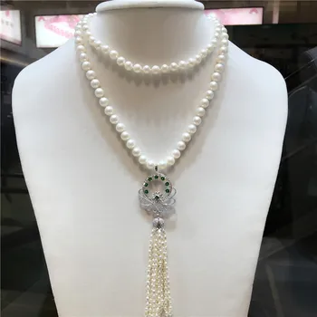 Karšto parduodami nauji 7-8mm natūralios baltos spalvos gėlavandenių perlų vėrinį ilgas megztinis grandinės micro cirkonis bižuterijos