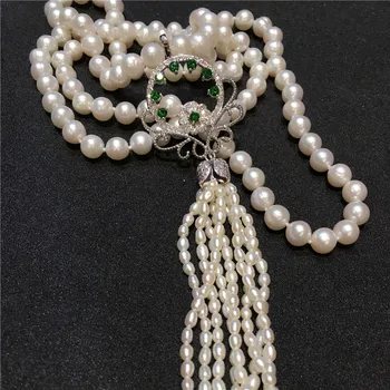 Karšto parduodami nauji 7-8mm natūralios baltos spalvos gėlavandenių perlų vėrinį ilgas megztinis grandinės micro cirkonis bižuterijos