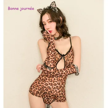 Kačiukas Seksualus apatinis Trikotažas Egzotiškų Drabužių Moterų Sexy Tuščiaviduriai Leopard Jumpsuit Mielas Katė Mergina Vienodas Cosplay Kawaii apatinis Trikotažas Rinkinys