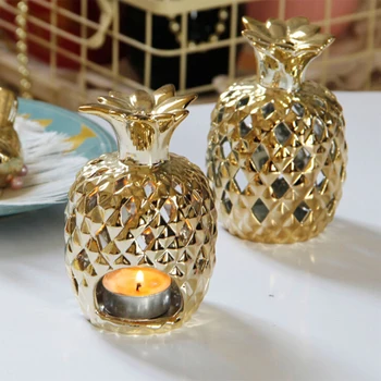 Keramikos Ananasų Žvakių Laikikliai Figūrėlės paauksuoti Ananasų Vaisių Ornamentu Candel Turėtojas Modelį, Namų Dekoro 9 x 9 x 12,5 cm
