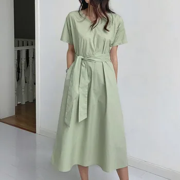 Korėjos Moterys Midi Suknelė 2020 Metų Vasaros Nėriniai V-Kaklo Megztinis Ilgas Marškinėliai, Suknelės Linijos, Elegantiškas Biuras Panele Laisvalaikio Vestiods