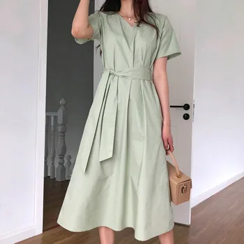 Korėjos Moterys Midi Suknelė 2020 Metų Vasaros Nėriniai V-Kaklo Megztinis Ilgas Marškinėliai, Suknelės Linijos, Elegantiškas Biuras Panele Laisvalaikio Vestiods