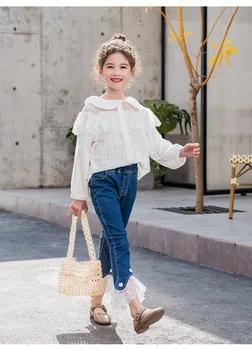 Korėjos Puikus Marškinėliai Mergaitėms Mados Nėriniai Pasukite Žemyn Apykaklės ilgomis Rankovėmis Pledas Palaidinė 2-14y Vaikams Laisvalaikio Minkštos vientisos Spalvos Marškinėliai