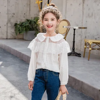Korėjos Puikus Marškinėliai Mergaitėms Mados Nėriniai Pasukite Žemyn Apykaklės ilgomis Rankovėmis Pledas Palaidinė 2-14y Vaikams Laisvalaikio Minkštos vientisos Spalvos Marškinėliai