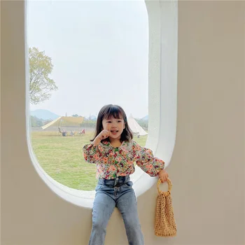 Korėjos stiliaus Pavasario 2021 mergaitės gėlių siuvinėjimo tinklelio, apykaklės marškinėliai baby vaikų retro ilgomis rankovėmis marškinėliai drabužių