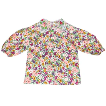 Korėjos stiliaus Pavasario 2021 mergaitės gėlių siuvinėjimo tinklelio, apykaklės marškinėliai baby vaikų retro ilgomis rankovėmis marškinėliai drabužių
