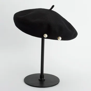 Korėjos versija moterų nauja vata didelis perlų apdaila beretė ponios rudens-žiemos mados šiltas beretė skrybėlę dailininko skrybėlę