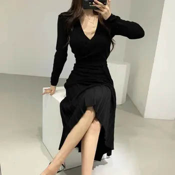 Korėjos Versija Prašmatnus V-Kaklo Kryžiaus Moteris Rudens-Žiemos Ilgos Megztos Plisuotos Suknelė Moteriška Varčias Linijos Megztinis Suknelė 2020 Naujas