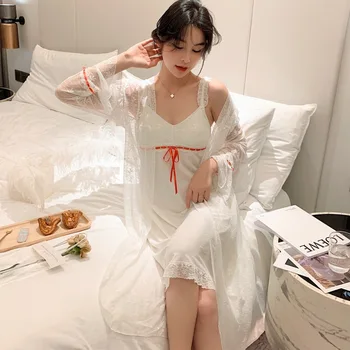 Krūtine sleepwear moteris patenka seksualus petnešos pižamą modale nightdress dviejų dalių ilgomis rankovėmis royal nėrinių princesė chalatas